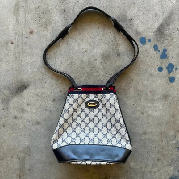 Vintage Gucci Navy Monogram Script Hobo Canvas Bag - Picture 1 of 9